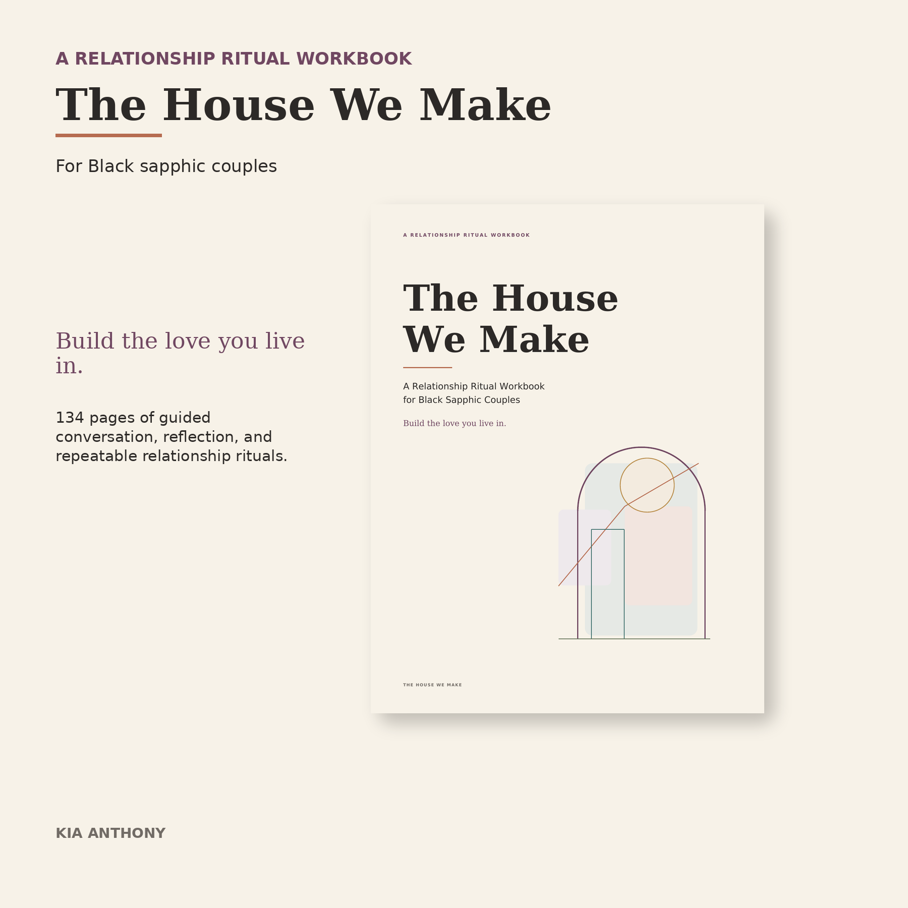 Cover of The House We Make relationship ritual workbook on an ivory background with plum, clay, moss, teal, and gold architectural linework.