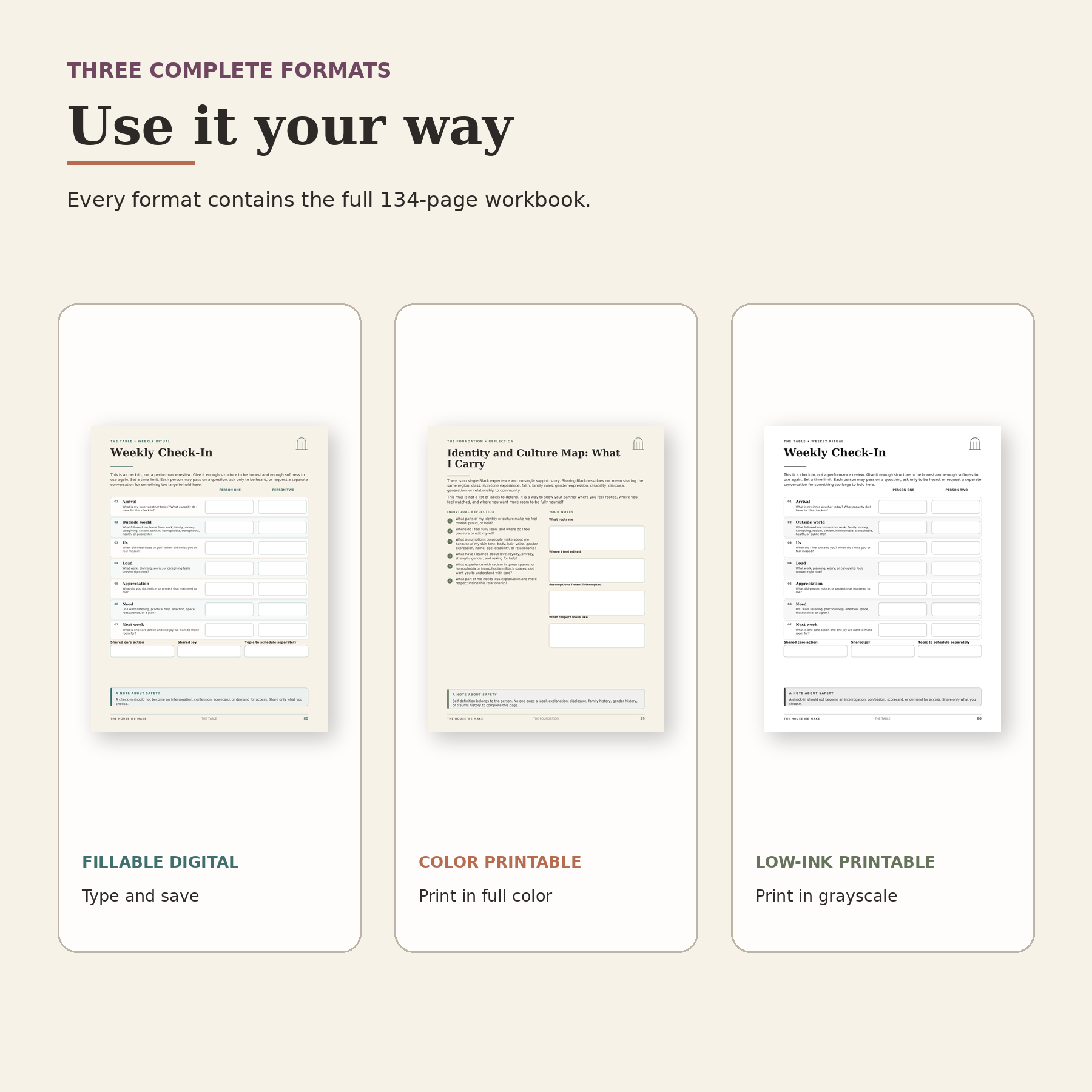 Three complete 134-page workbook formats shown side by side: fillable digital, color printable, and low-ink printable.
