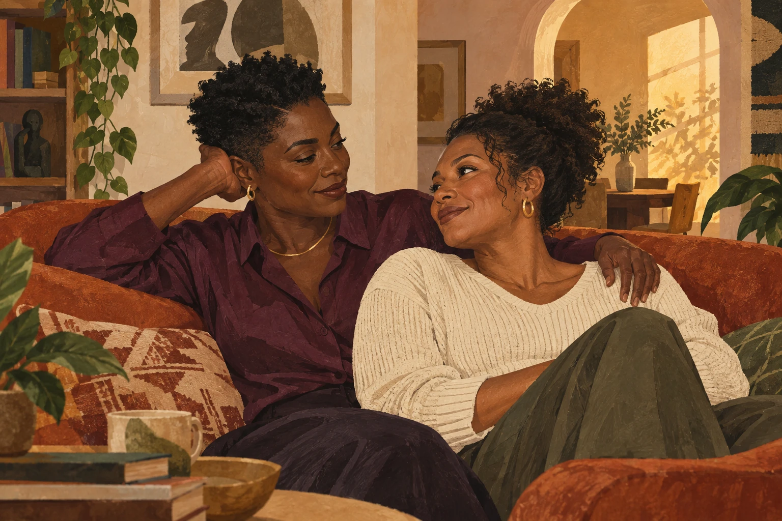 Two Black partners resting together on an orange sofa, surrounded by the warm colors and plants of their home.